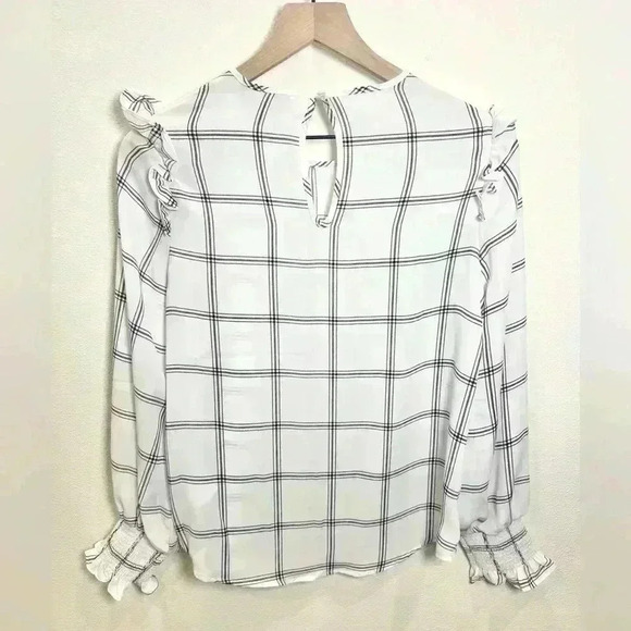 LAUNDRY BY SHELLI SEGAL Windowpane Check Blouse White Navy Blue Size X-Small - Picture 2 of 11